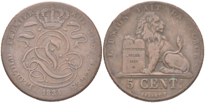 Бельгия 5 сантимов 1834 Belges, Леопольд I (1831-1865) KM 5 медь 4620-1013