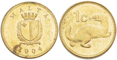 Мальта 1 цент 2004 ласка, горностай KM 93 никель латунь 217-1034