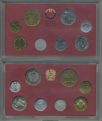 Австрия набор из 8 монет 1993 официальный набор, 2, 5, 10, 50 грошей, 1, 5, 10, 20 шиллингов, девять провинций Австрии, в пластике KM MS 2 UNC 6-6-2-10