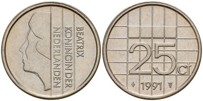 Нидерланды 25 центов 1991 Беатрикс (1980-2013) KM 204 никель    4598-443
