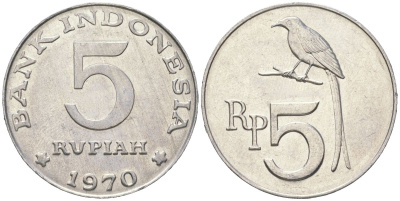 Индонезия 5 рупий 1970 черный дронго KM 22 алюминий aUNC 4119-242
