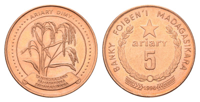 Мадагаскар 5 ариари 1996 год-тип KM 23 сталь плакированная медью UNC 213-933