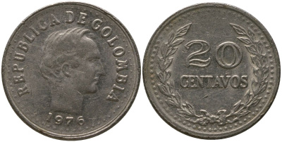 Колумбия 20 сентаво 1975 KM 246.1 сталь плакированная никелем 4529-814