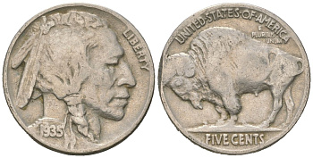 США 5 центов 1935 индеец, бизон KM 134 медно-никель 4614-1215