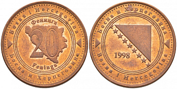 Босния и Герцеговина 20 фенигов 1998 KM 116 сталь плакированная медью UNC 4548-135