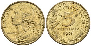 ФРАНЦИЯ 5 САНТИМОВ 1996 ТИП MARIANNE KM 933, LE FRANC 125.39 медь алюминий никель 4567-762