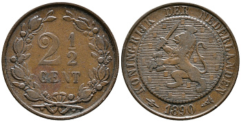 НИДЕРЛАНДЫ 2 1/2 ЦЕНТА 1890 KM 108 бронза 34-836
