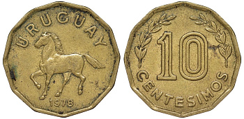 Уругвай 10 сентесимо 1978 KM 66 алюминиевая бронза 4164-765
