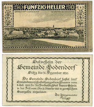 Австрия, Боденсдорф 50 геллеров 1920 31 декабря 1920, нотгельд   бумага  UNC (пресс) 8614-31-2-1