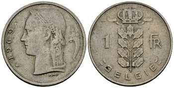 Бельгия 1 франк 1969 BELGIE, Бодуэн I (1951-1993) KM 143 медно-никель 4138-226