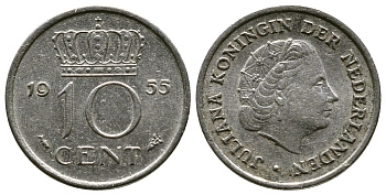 Нидерланды 10 центов 1955 Юлиана (1949-1980) KM 182 никель 261-623