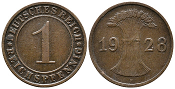 ГЕРМАНИЯ 1 РЕЙХСПФЕННИГ 1928 F KM 37, J. 313 бронза 39-969