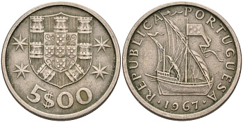 Португалия 5 эскудо 1967 парусник KM 591 медно-никель 4571-951