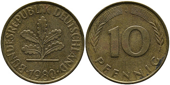 ФРГ 10 ПФЕННИГОВ 1980 J KM 108, J.383 сталь плакированная латунью 33-143