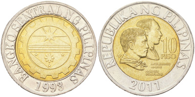 Филиппины 10 писо 2011 KM 278 биметалл UNC 4122-446