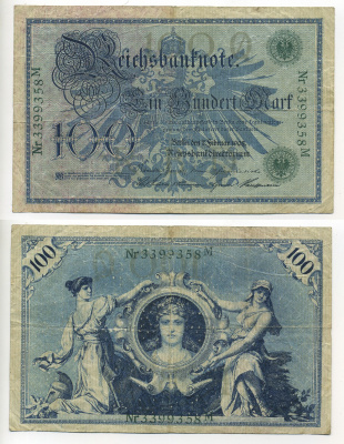 ГЕРМАНИЯ 100 МАРОК 1908 7 ФЕВРАЛЯ 1908, ЗЕЛЕНАЯ ПЕЧАТЬ, РЕПРИНТ (1918-1922) Pick 34 бумага 7217-41-1