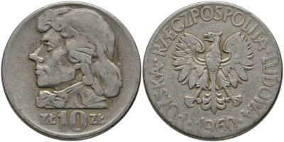 ПОЛЬША 10 ЗЛОТЫХ 1960 MW, КОСТЮШКО KM 50 медно-никель 180-211