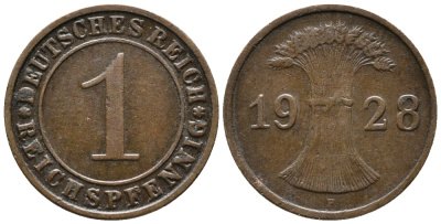 ГЕРМАНИЯ 1 РЕЙХСПФЕННИГ 1928 F KM 37, J. 313 бронза 39-969