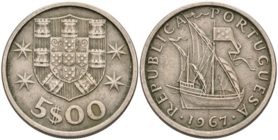 Португалия 5 эскудо 1967 парусник KM 591 медно-никель 4571-951