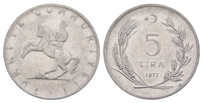 Турция 5 лир 1977 Кемаль Ататюрк KM 905 нержавеющая сталь 4645-525