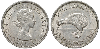 Новая Зеландия 1 флорин 1965 Елизавета II (1952-2022), птичка киви KM 28.2 медно-никель XF-UNC 51-524
