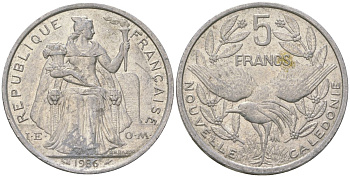 Французская Новая Каледония 5 франков 1986 птица кагу, (IEOM) KM 16, Schoen 12, Lec 76 алюминий 180-813