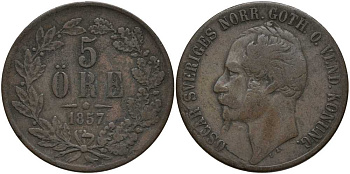 Швеция 5 эре 1857 Оскар I (1844-1859) KM 690 медь 180-721