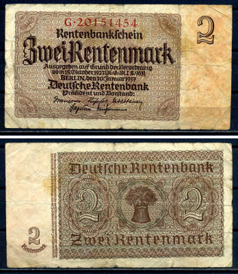 Германия 2 рентенмарки 1937 Pick 174 b бумага 8621-48-1-2