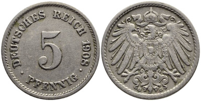 Германия 5 пфеннигов 1908 G KM 11, Jager 12, Weege 6 медно-никель 4547-468