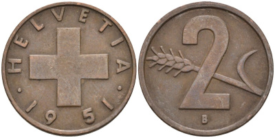 Швейцария 2 раппена 1951 В KM 47 бронза 4591-622