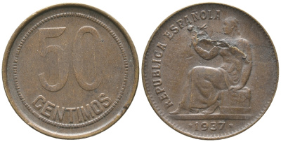ИСПАНИЯ 50 СЕНТИМО 1937 ОТСЛОЕНИЕ ЗАГОТОВКИ KM 754.1 медь 34-323