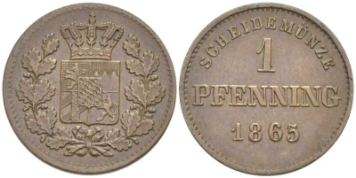 Бавария 1 пфенниг 1865 Людвиг II (1864-1886) КМ 471 медь 201-251