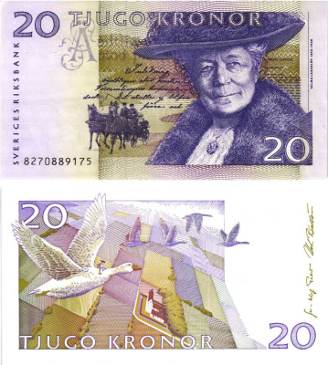 ШВЕЦИЯ 20 КРОН 1998 ПОДПИСЬ URBAN BACKSTROM, СЕЛЬМА ЛАГЕРЛЁФ Pick 63а бумага 7548-37-4-2