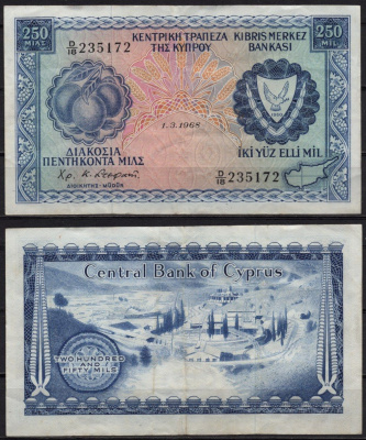 Кипр 250 милс 1968 Pick 41 a бумага 451-1194-3