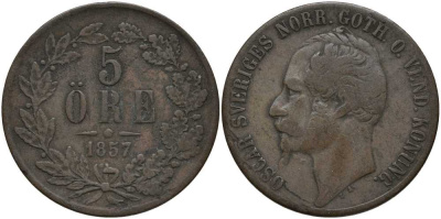Швеция 5 эре 1857 Оскар I (1844-1859) KM 690 медь 180-721