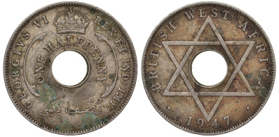 Британская Западная Африка 1/2 пенни 1947 H, Георг VI KM 18 медно-никель 25-2253