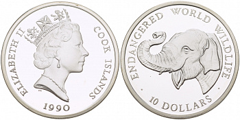 Острова Кука 10 долларов 1990 серия исчезающие виды животных, африканский слон KM 72 серебро PROOF 1082-3-44