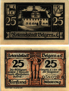 БЕЛЬГЕРН 25 ПФЕННИГОВ 1921 НОТГЕЛЬД, 1 НОЯБРЯ 1921, ЗЕМЛЯ САКСОНИЯ Grabowski 70.1 бумага 8608-8-3-1