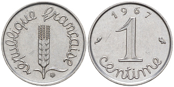 Франция 1 сантим 1967 KM 928, Le Franc 106.13 хромированная сталь 187-845