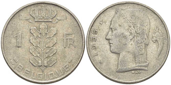 БЕЛЬГИЯ 1 ФРАНК 1955 BELGIQUE, БОДУЭН I (1951-1993) KM 142.1 медно-никель 119-444