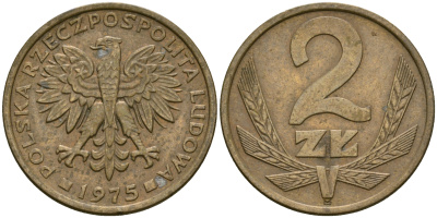 Польша 2 злотых 1975 KM 80.1 латунь 4364-1721
