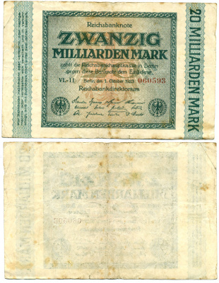 ГЕРМАНИЯ 20000000000 МАРОК 1923 ВОДЯНОЙ ЗНАК G Pick 118f бумага 7548-79-1