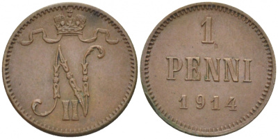 Россия для Финляндии 1 пенни 1914 Николай II (1894-1917) KM 13, Биткин 474 медь 261-1112