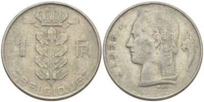 БЕЛЬГИЯ 1 ФРАНК 1955 BELGIQUE, БОДУЭН I (1951-1993) KM 142.1 медно-никель 119-444