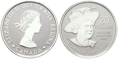 Канада 20 долларов 2012 60 лет правления Королевы Елизаветы II, в шляпе, Елизавета II (1952-2022) KM 1239 серебро PROOF 11-164-32