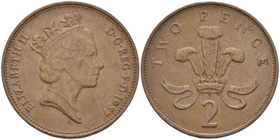 Великобритания 2 пенса 1987 Елизавета II (1952-2022) KM 936, Spink 4376 (C3) бронза 4116-743