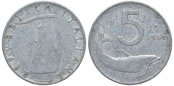 Италия 5 лир 1954 R, дельфин KM 92 алюминий 4164-425