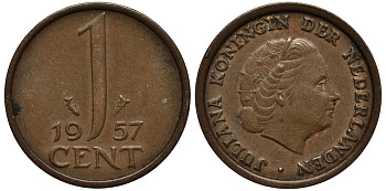 Нидерланды 1 цент 1957 Юлиана (1949-1980) KM 180 бронза VG 4181-226