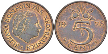 НИДЕРЛАНДЫ 5 ЦЕНТОВ 1978 ЮЛИАНА (1948-1980) KM 181 бронза 213-1146