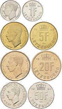 Люксембург набор из 4 монет (1, 5, 20 и 50 франков) 1994 Великий герцог Жан (1964-2000), тираж 10.000 экземпляров KM 63, 65, 66 и 67 BU 4127-1711-1714